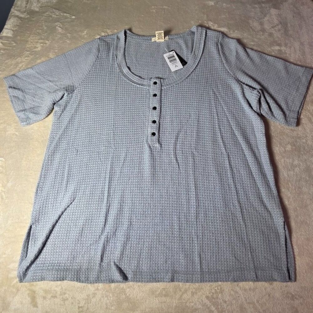 Festi Size 2 Pearl Blue Waffle Knit Henley Top Snap Button Short Sleeve Women's